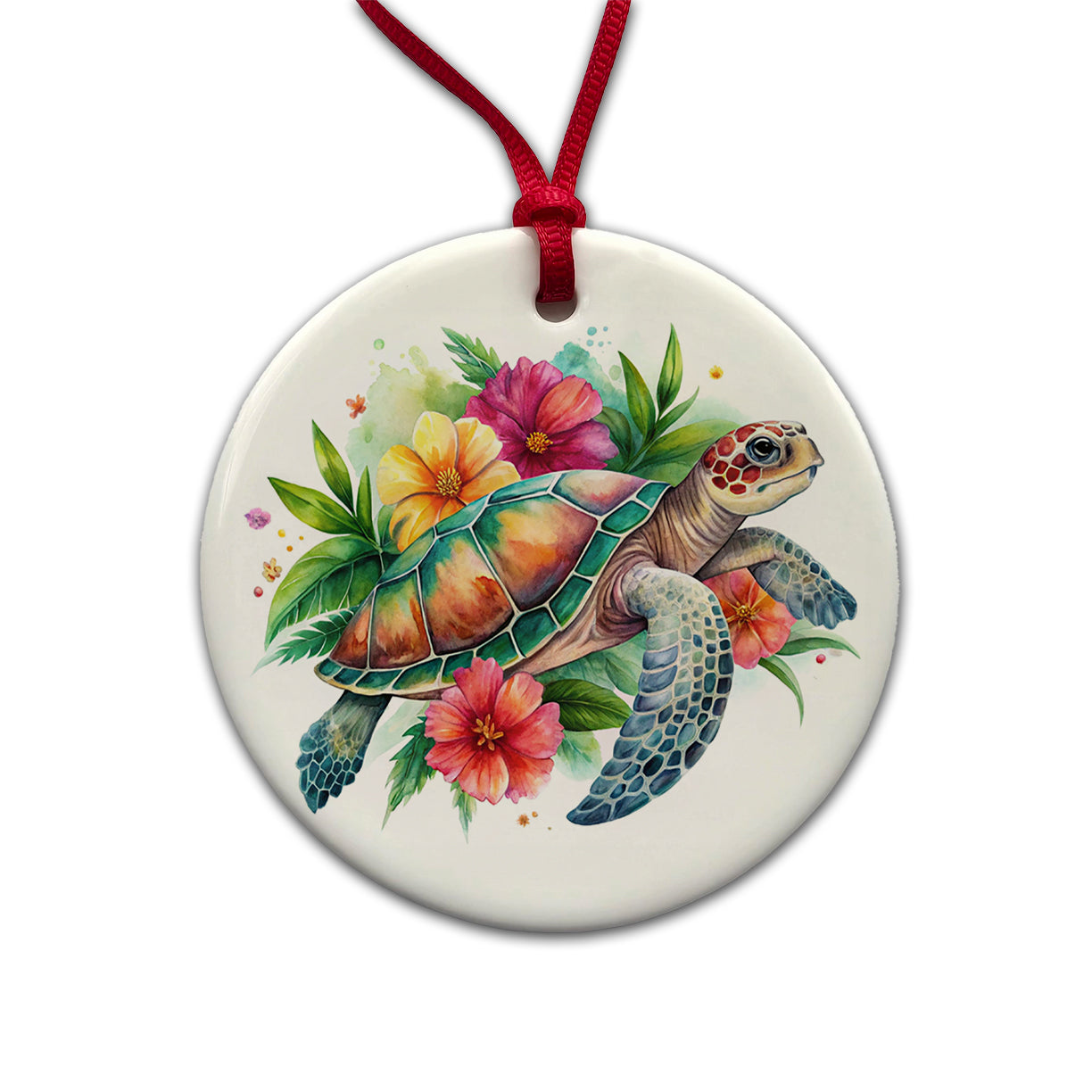 Tropical Sea Turtle Hibiscus Floral Watercolor Round Ceramic Holiday Christmas Tree Ornament