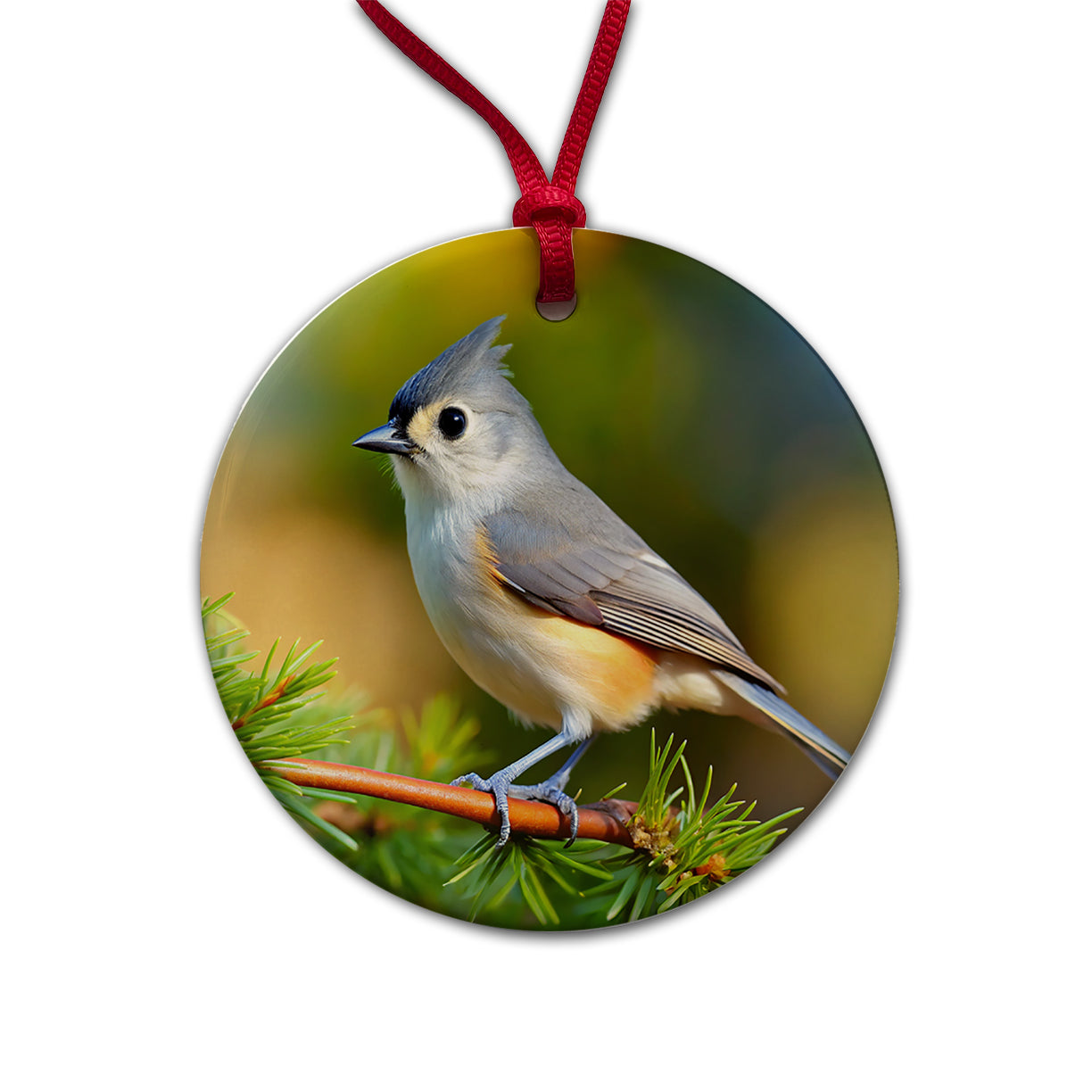 Tufted Titmouse Backyard Bird Round Ceramic Holiday Christmas Tree Ornament