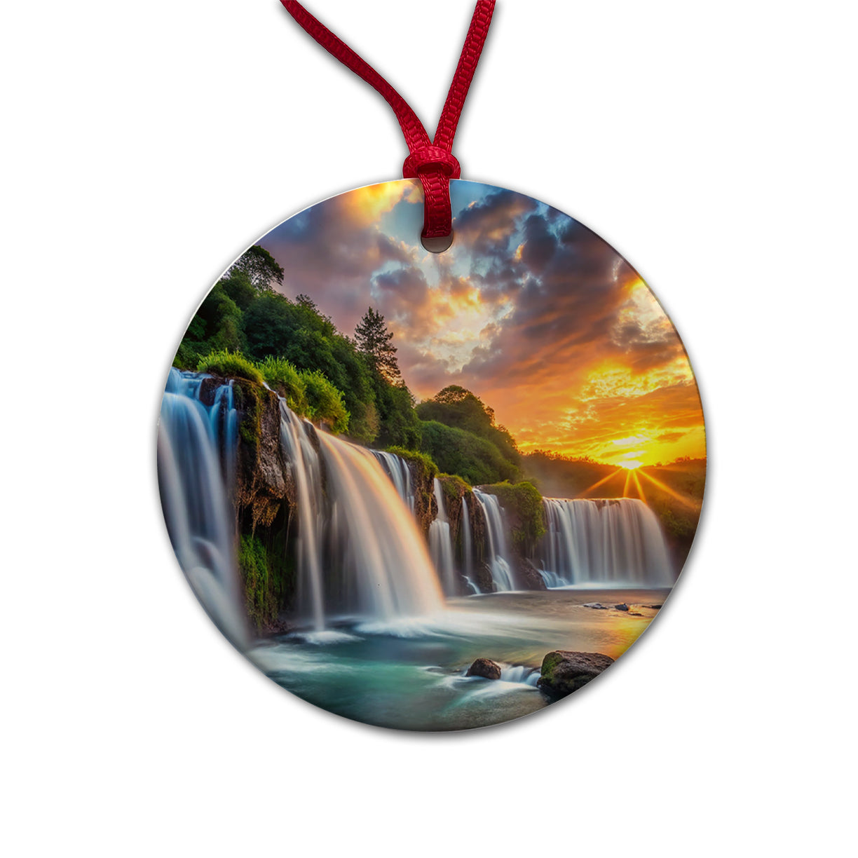 Waterfalls At Sunset Round Ceramic Holiday Christmas Tree Ornament