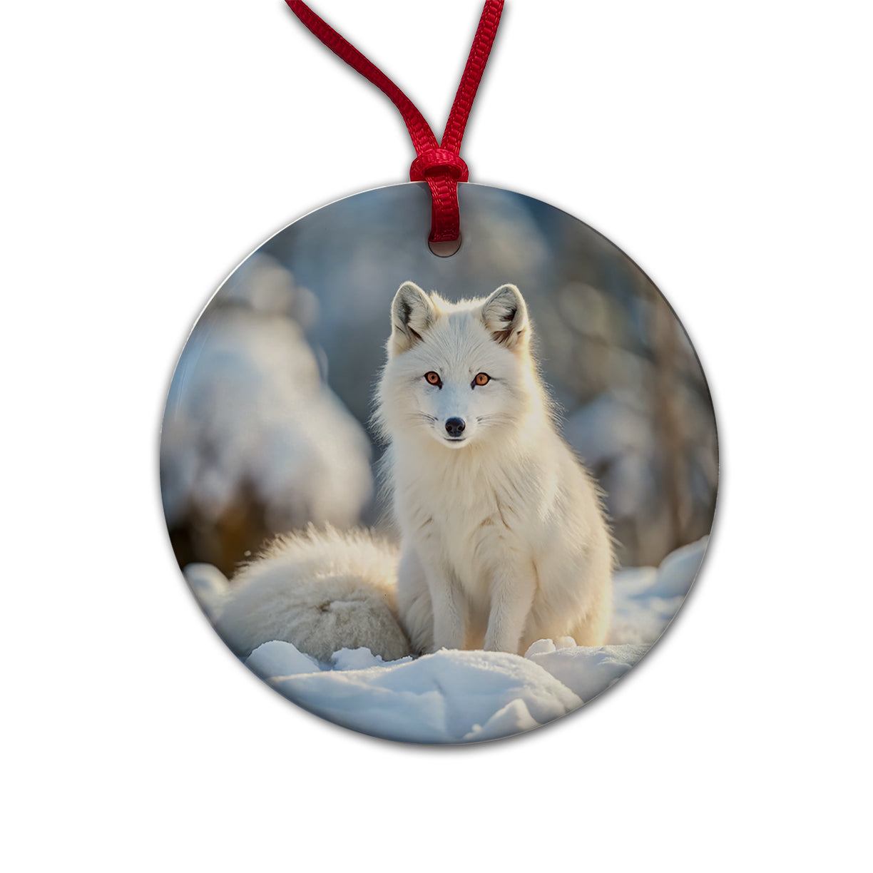 White Arctic Fox In The Snow Round Ceramic Holiday Christmas Tree Ornament