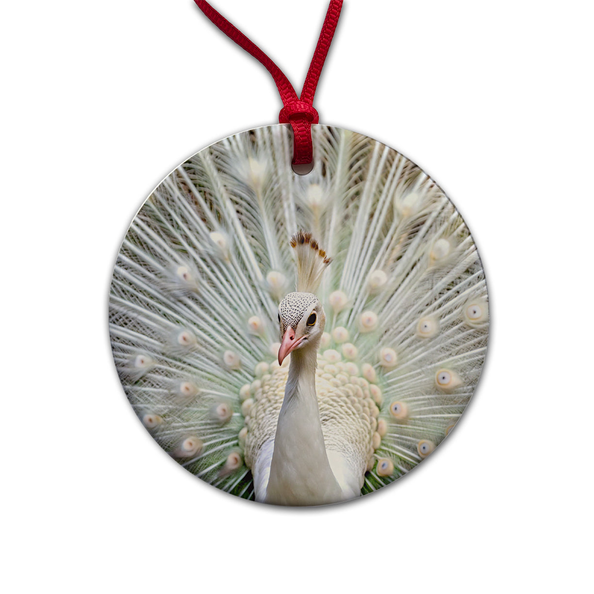 White Peacock Round Ceramic Holiday Christmas Tree Ornament