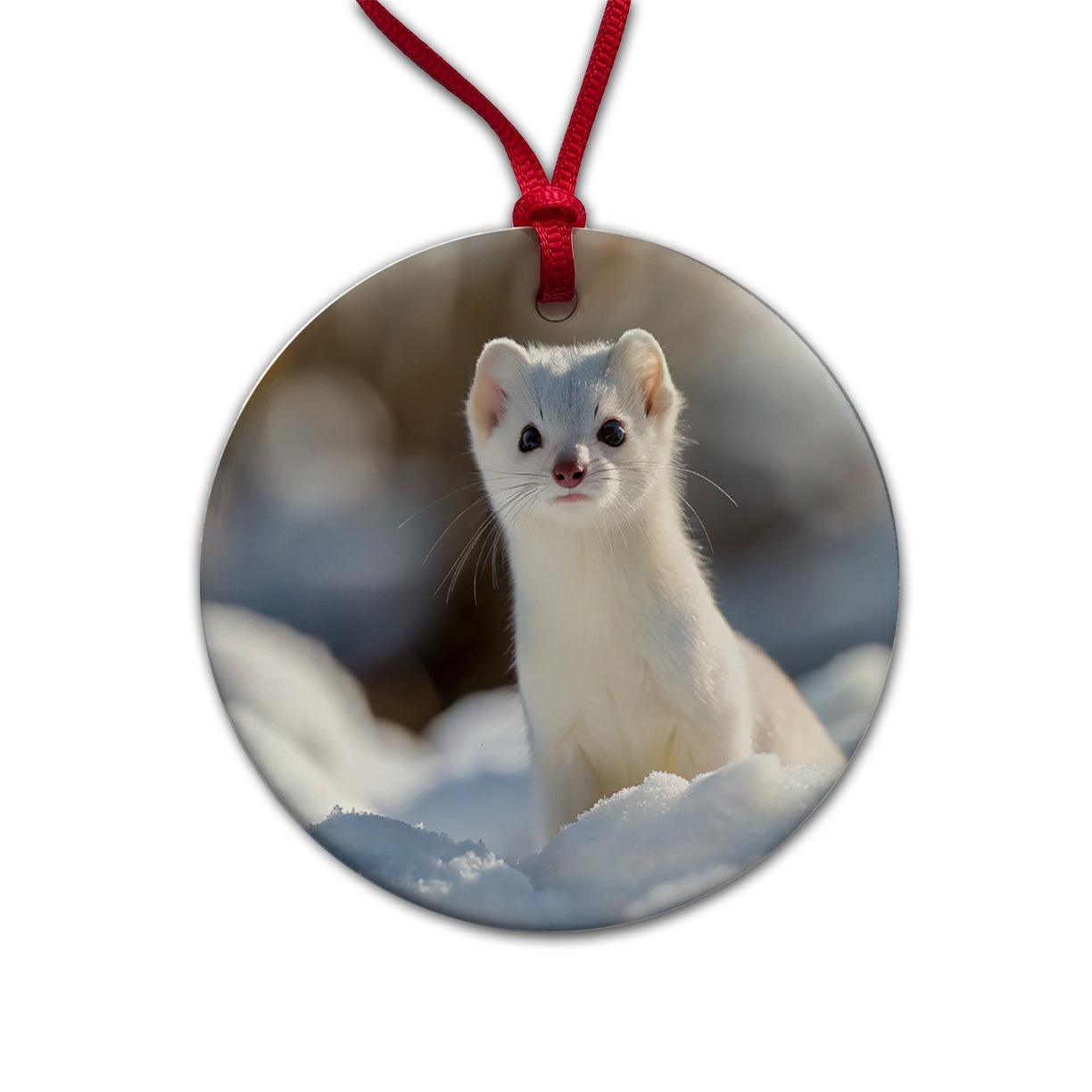 White Stoat Ermine In Snow Round Ceramic Holiday Christmas Tree Ornament