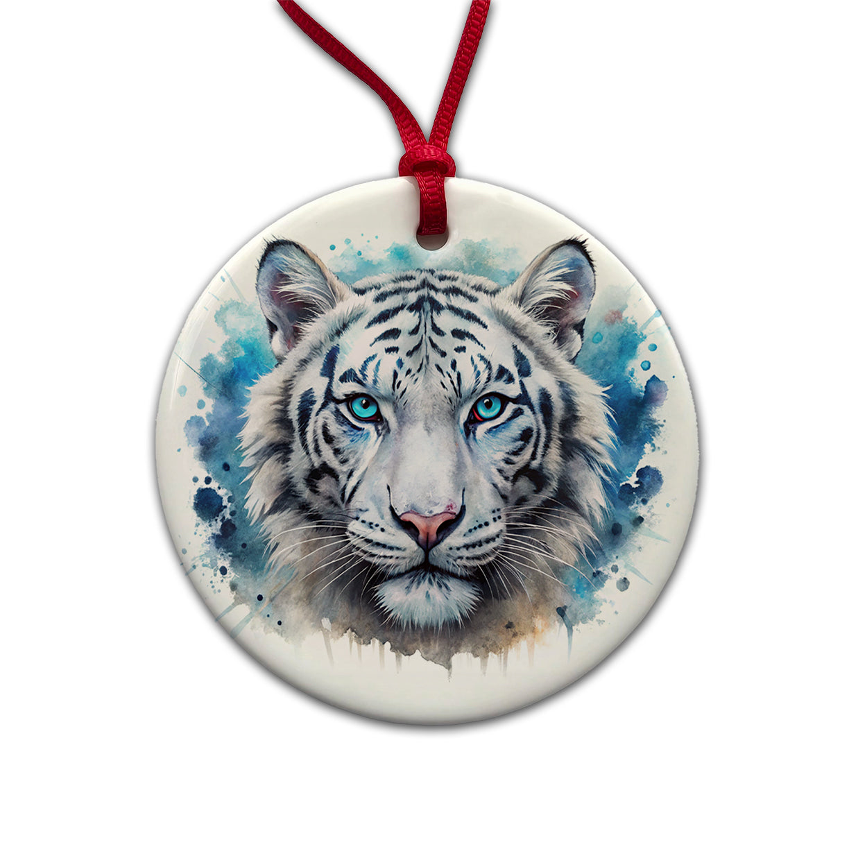 White Tiger Face Watercolor Round Ceramic Holiday Christmas Tree Ornament