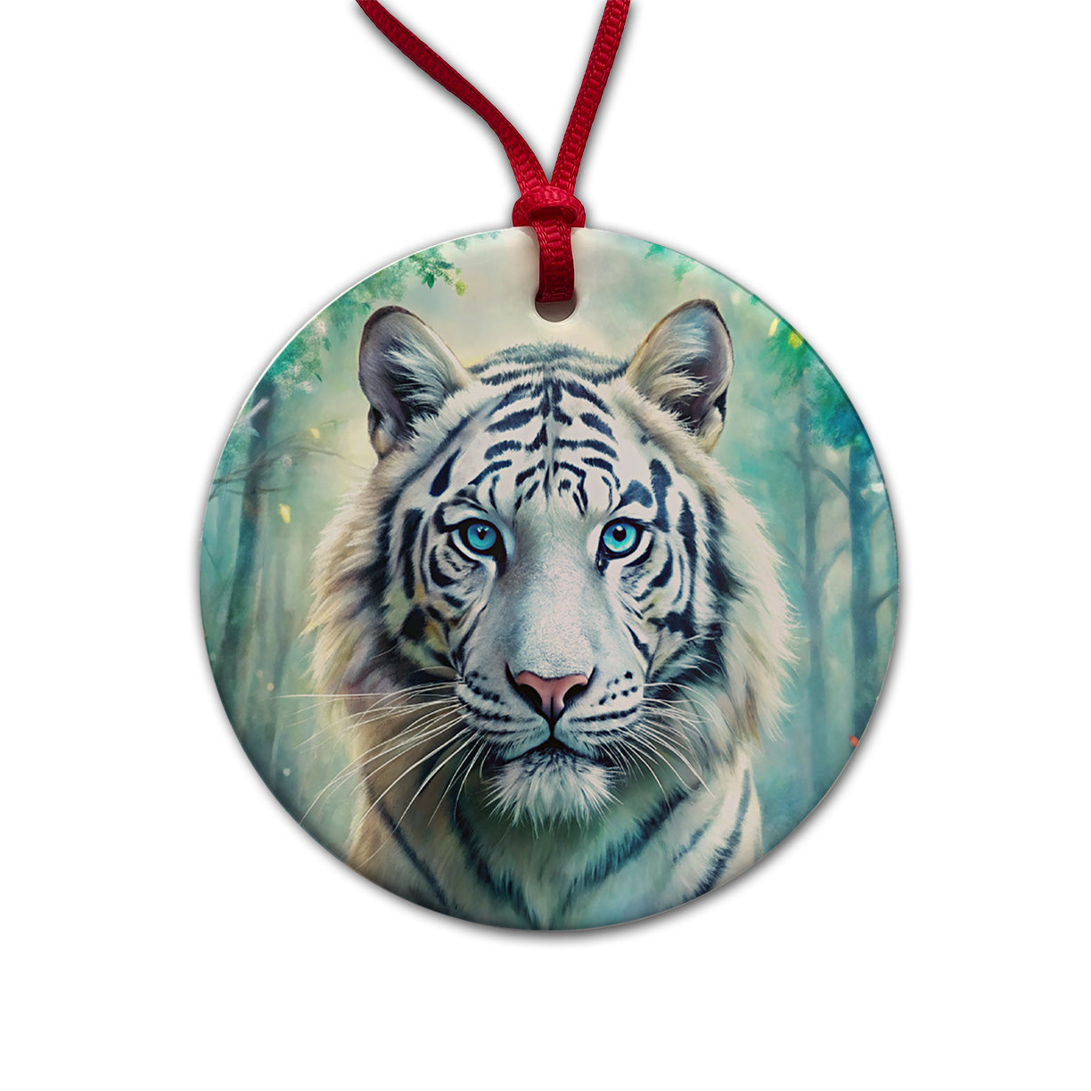 White Tiger In Forest Watercolor Round Ceramic Holiday Christmas Tree Ornament
