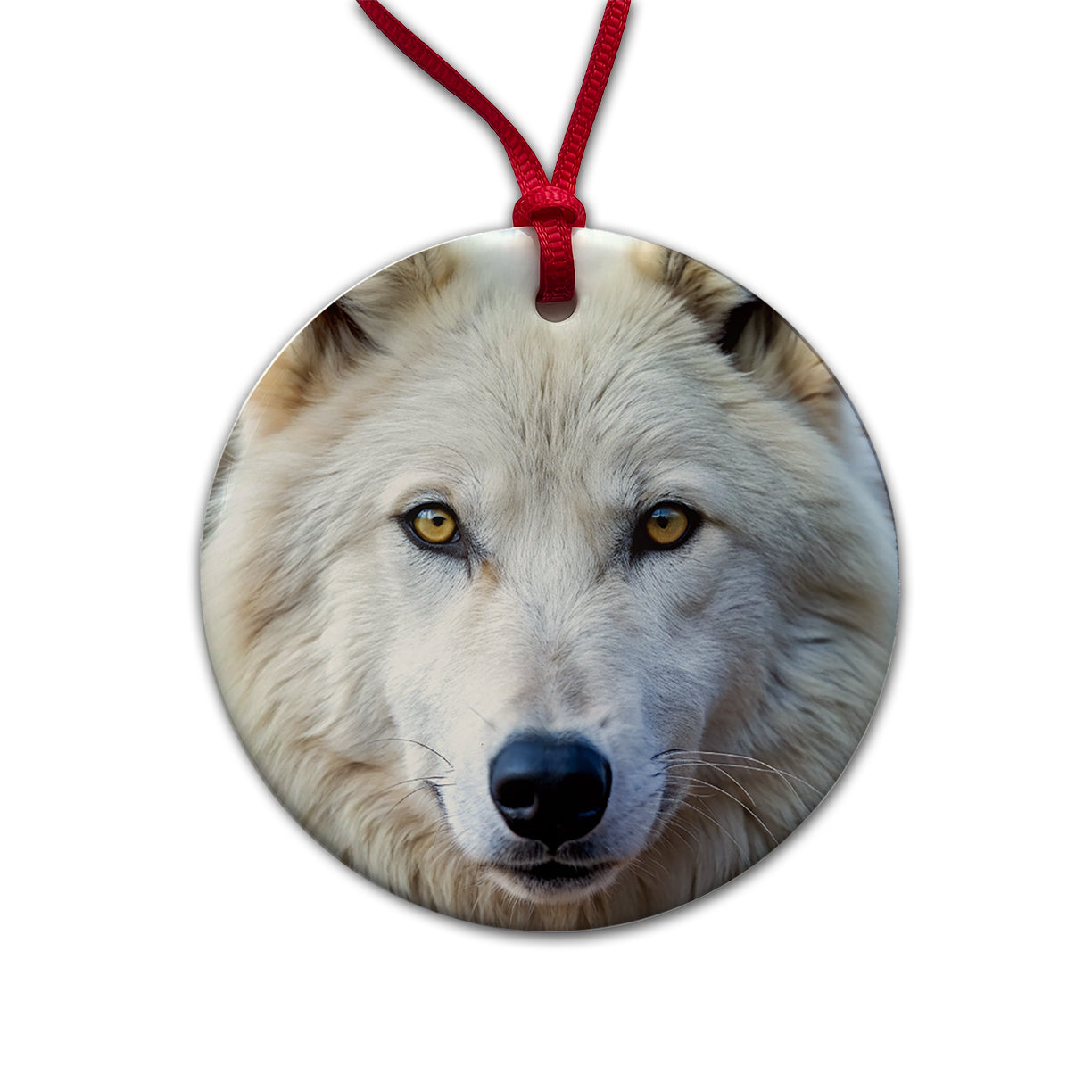 White Wolf Round Ceramic Holiday Christmas Tree Ornament