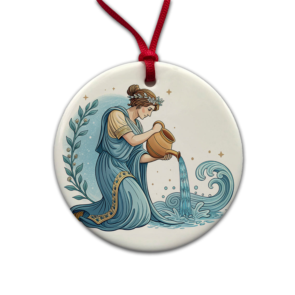Zodiac Horoscope Symbol Aquarius Water Bearer Round Ceramic Holiday Christmas Tree Ornament