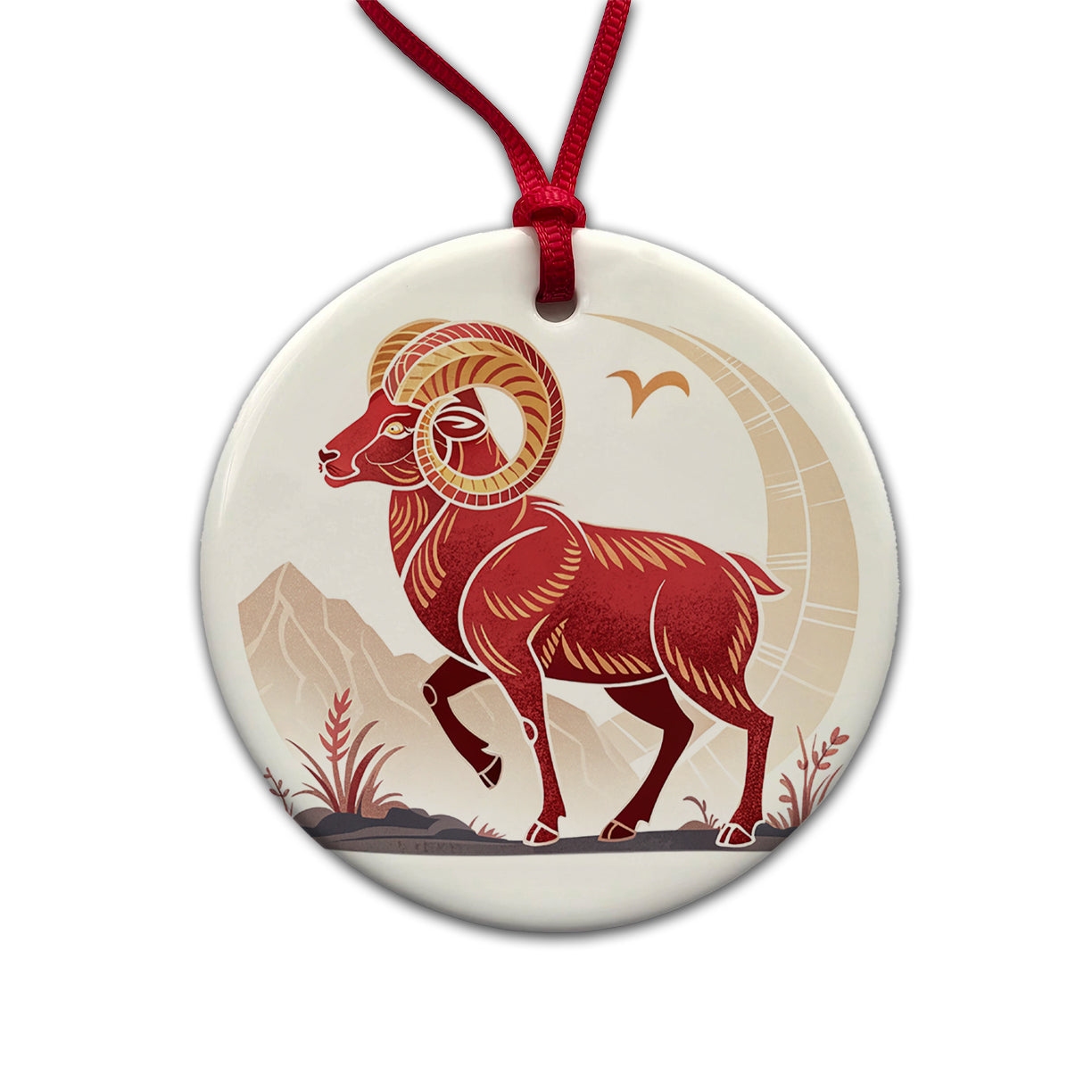 Zodiac Horoscope Symbol Aries Ram Round Ceramic Holiday Christmas Tree Ornament