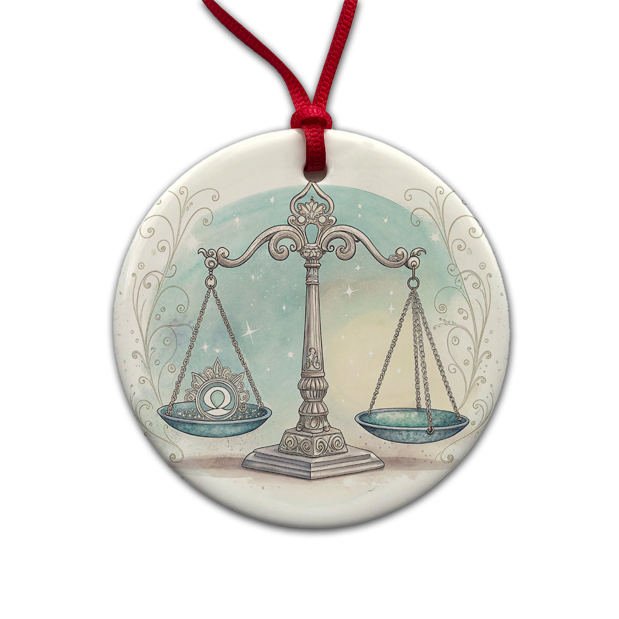 Zodiac Horoscope Symbol Libra Scales Round Ceramic Holiday Christmas Tree Ornament