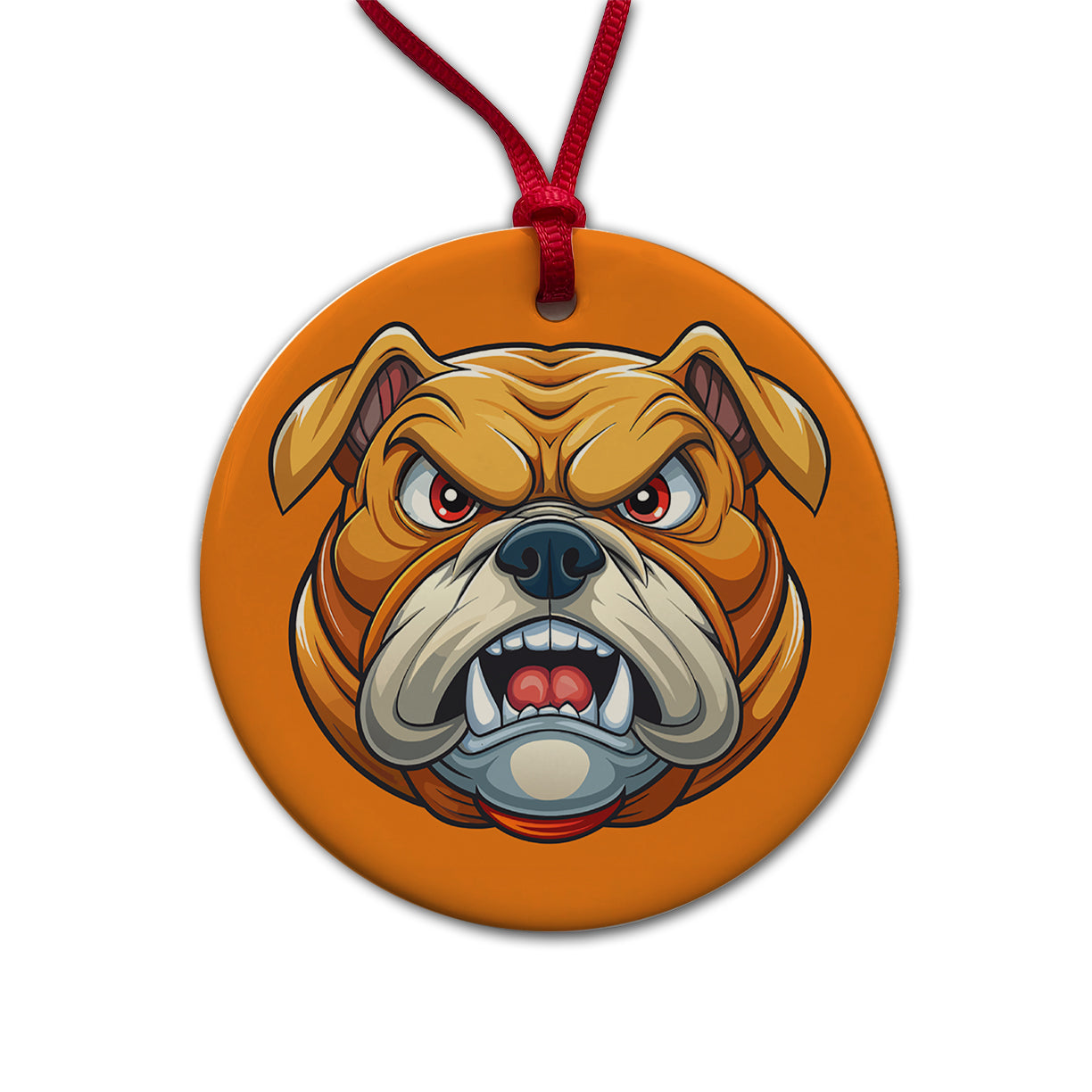 Angry Bulldog Face School Mascot Cartoon Round Ceramic Holiday Christmas Tree Ornament