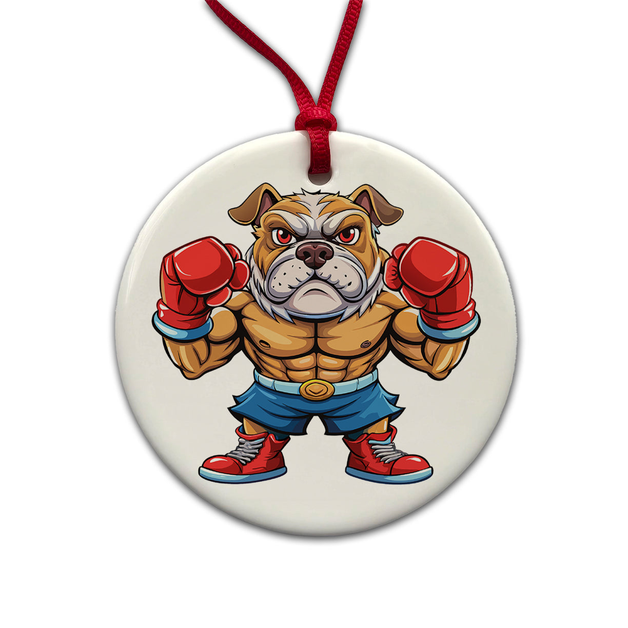 Fighting Bulldog Mascot With Boxing Gloves Round Ceramic Holiday Christmas Tree Ornament
