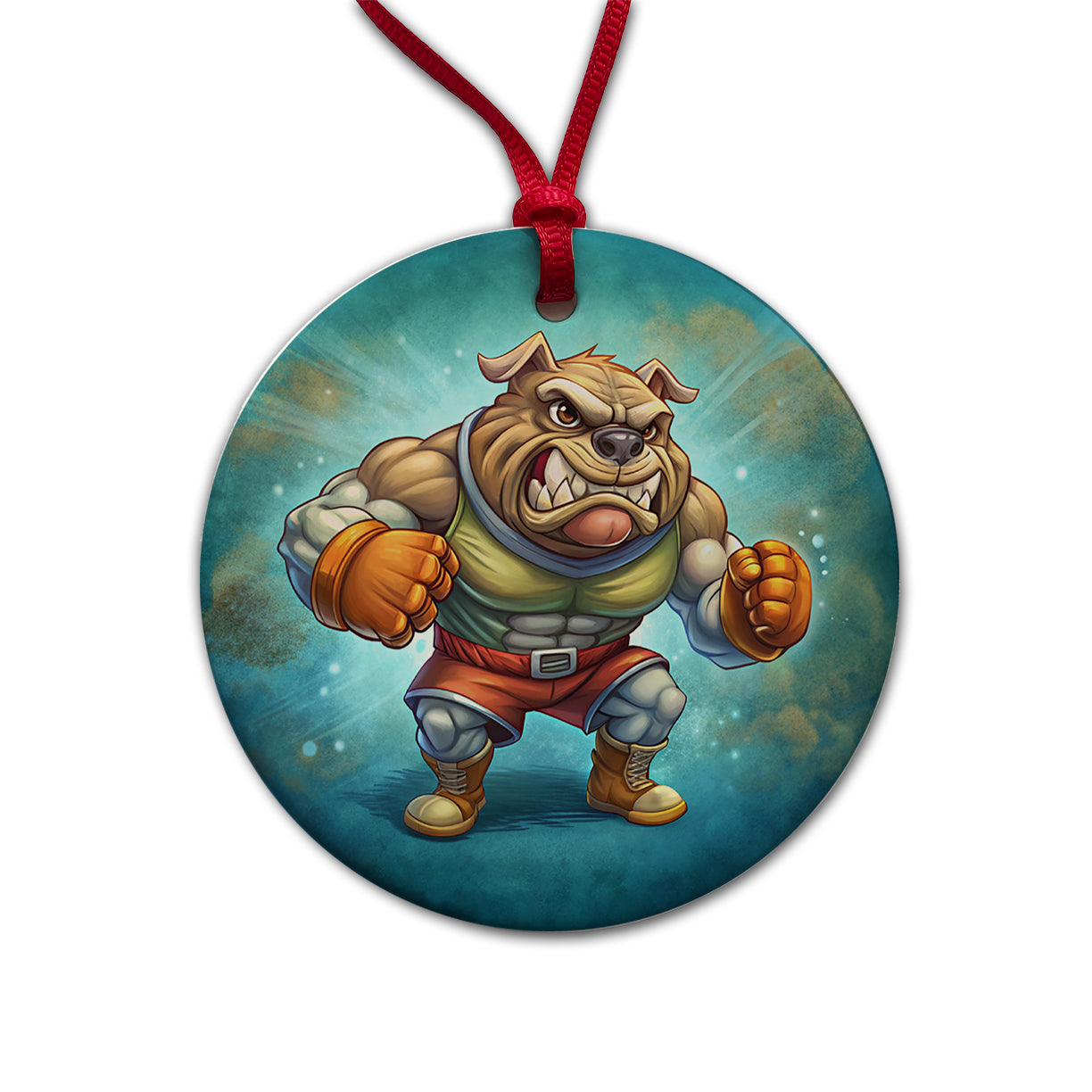 Fighting Bulldog School Mascot Round Ceramic Holiday Christmas Tree Ornament