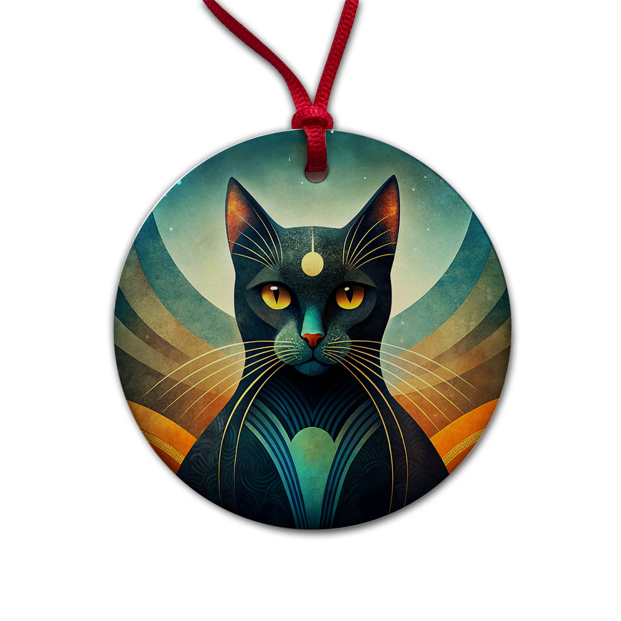 Black Cat Abstract Stylized Art Round Ceramic Holiday Christmas Tree Ornament