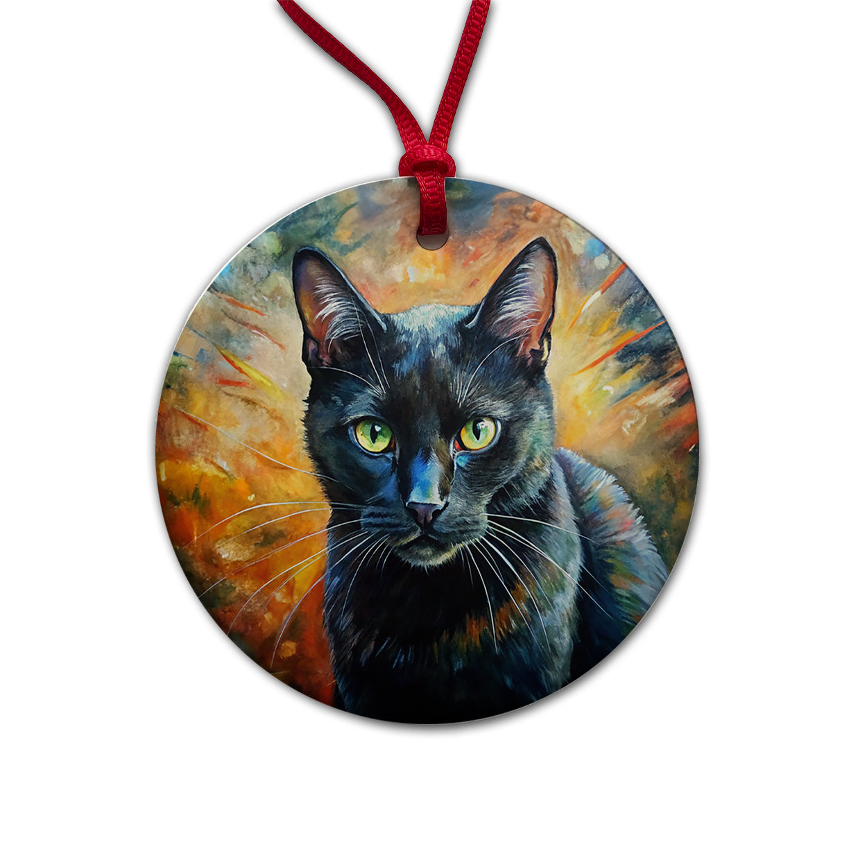 Black Cat Expressionism Art Round Ceramic Holiday Christmas Tree Ornament