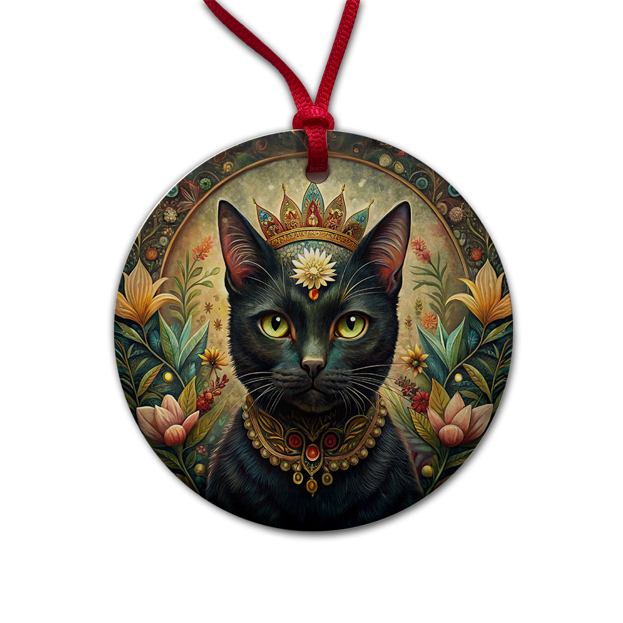 Black Cat French Bohemian Art Round Ceramic Holiday Christmas Tree Ornament