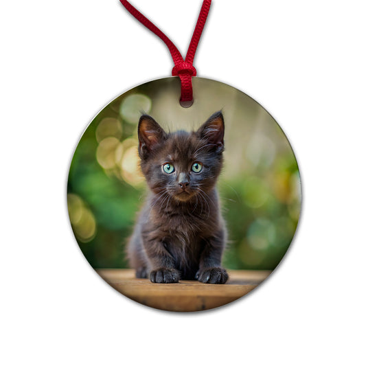 Black Cat Kitten Photo Round Ceramic Holiday Christmas Tree Ornament