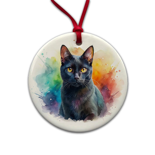 Black Cat Watercolor Style Round Ceramic Holiday Christmas Tree Ornament