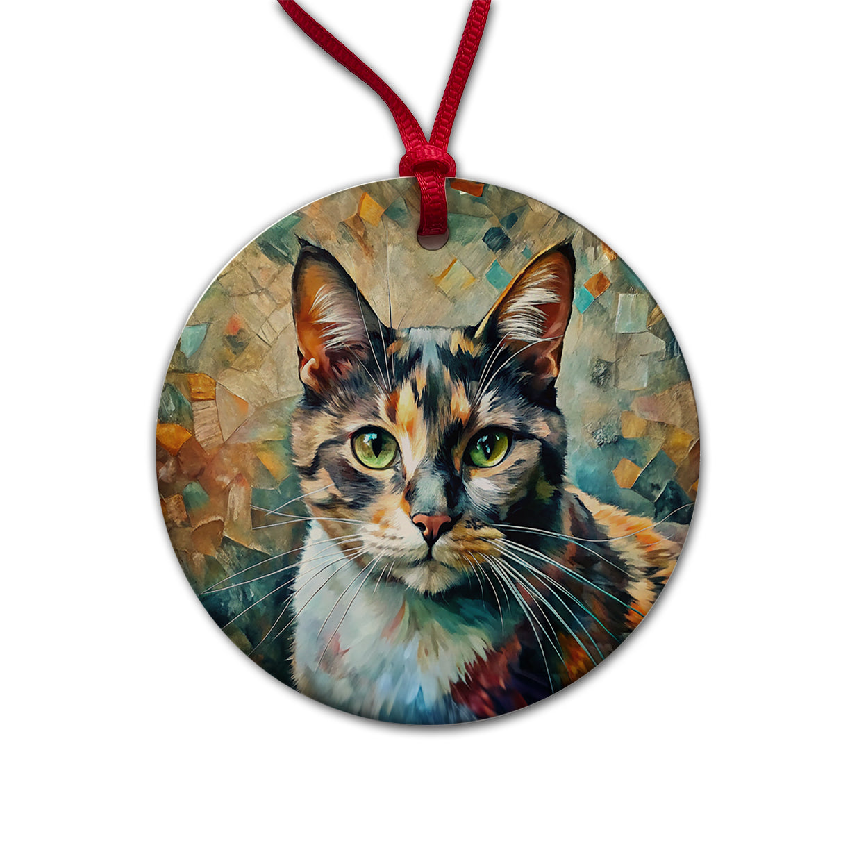 Calico Cat Abstract Art Round Ceramic Holiday Christmas Tree Ornament