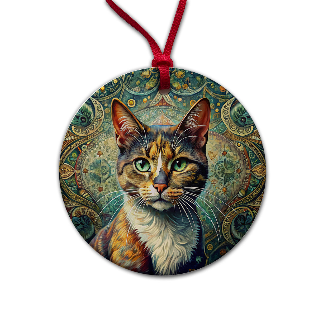 Calico Cat Bohemian Art Round Ceramic Holiday Christmas Tree Ornament