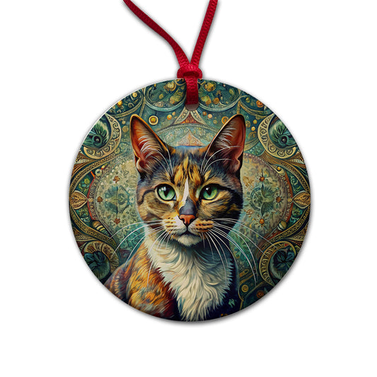 Calico Cat Bohemian Art Round Ceramic Holiday Christmas Tree Ornament