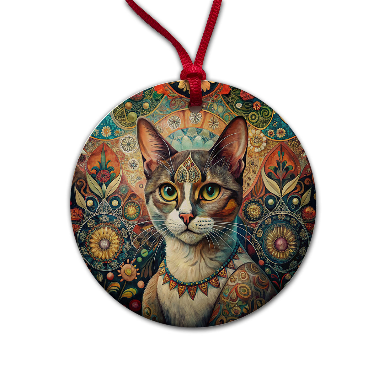 Calico Cat French Bohemian Art Round Ceramic Holiday Christmas Tree Ornament