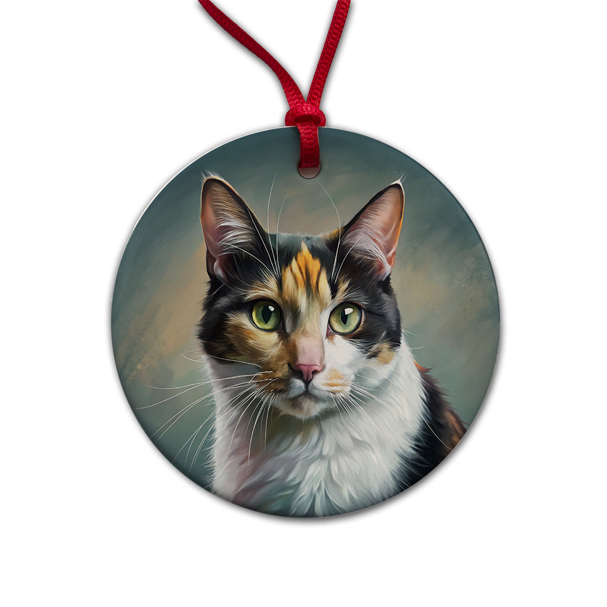 Calico Cat Illustration Round Ceramic Holiday Christmas Tree Ornament