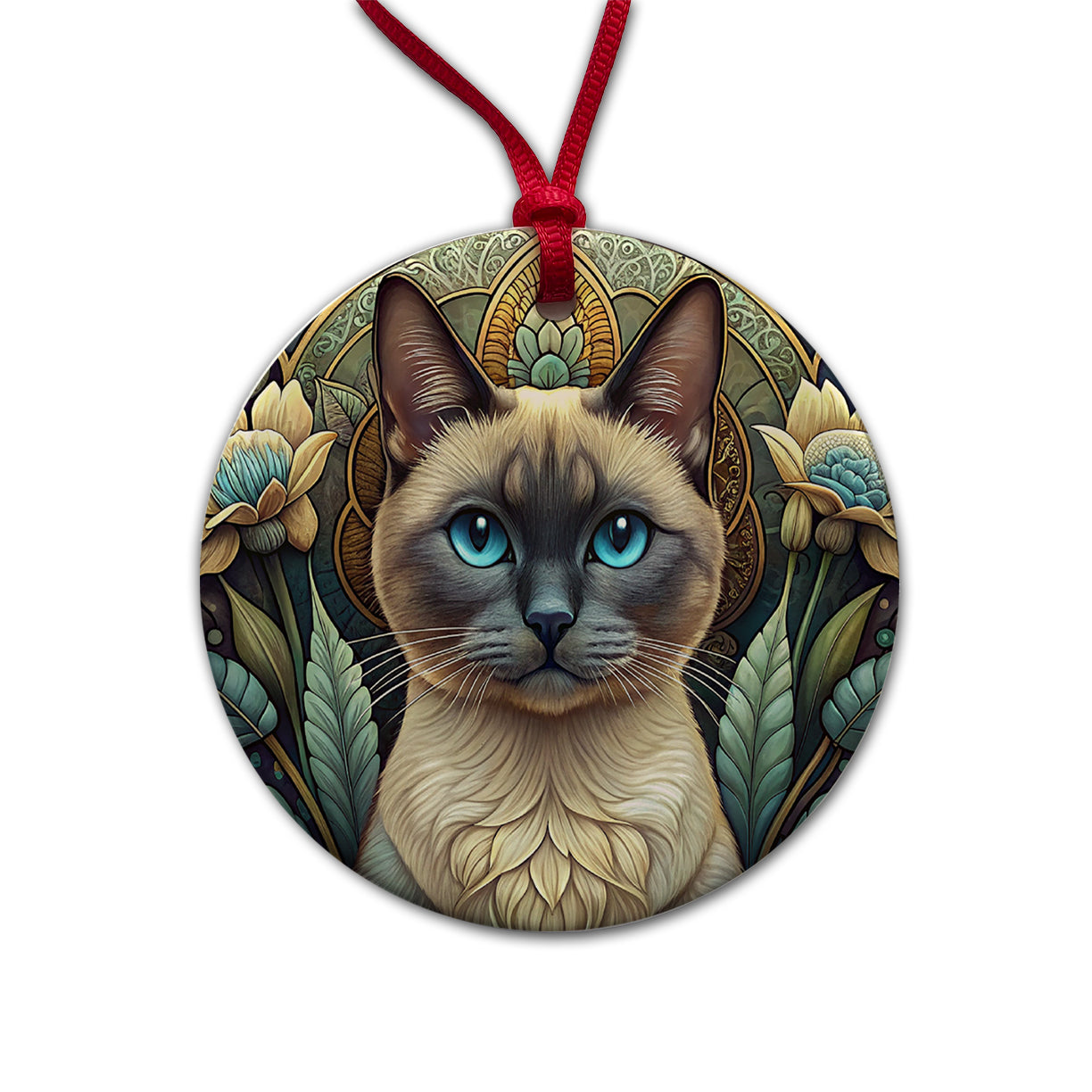 Siamese Cat Art Nouveau Round Ceramic Holiday Christmas Tree Ornament