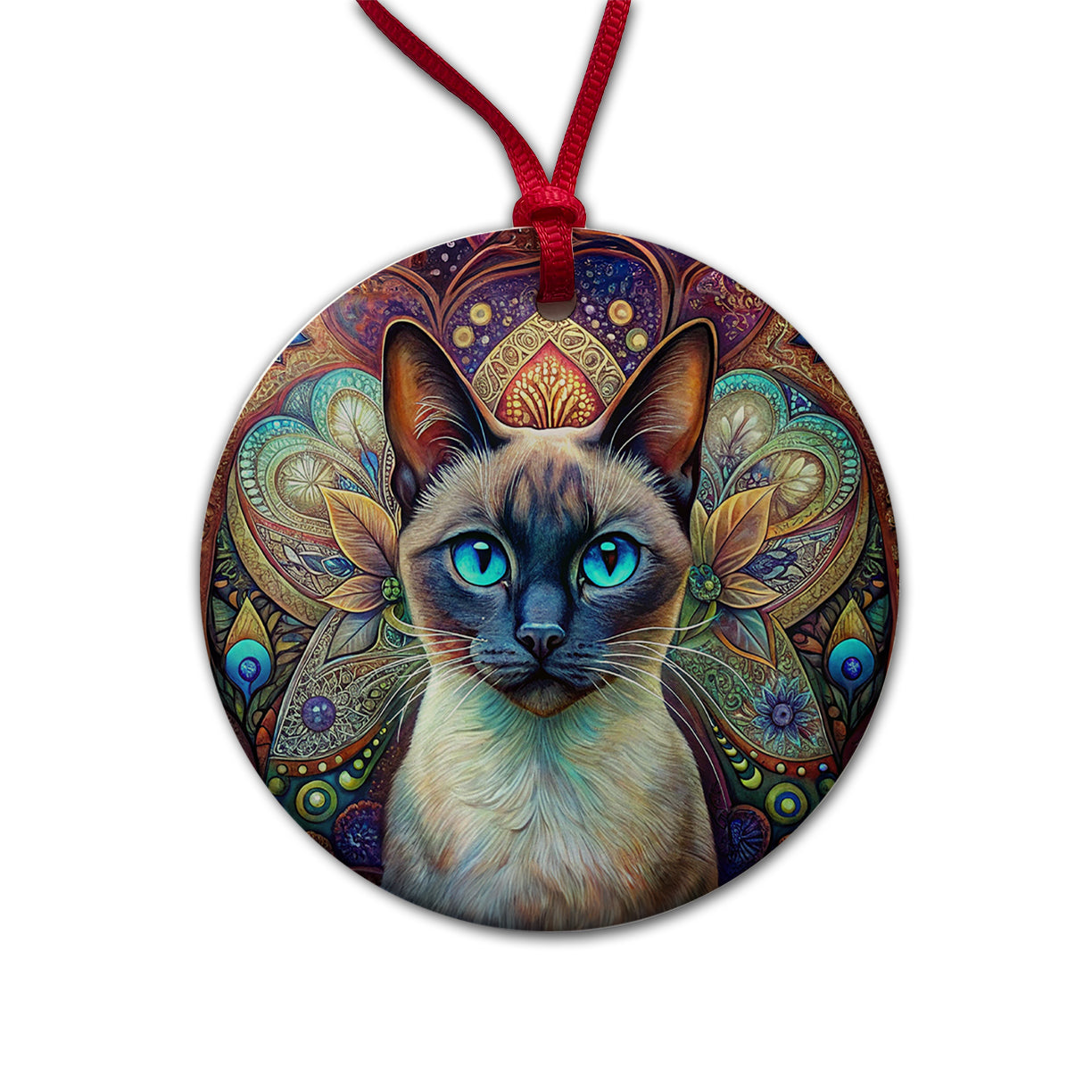 Siamese Cat Bohemian Art Round Ceramic Holiday Christmas Tree Ornament