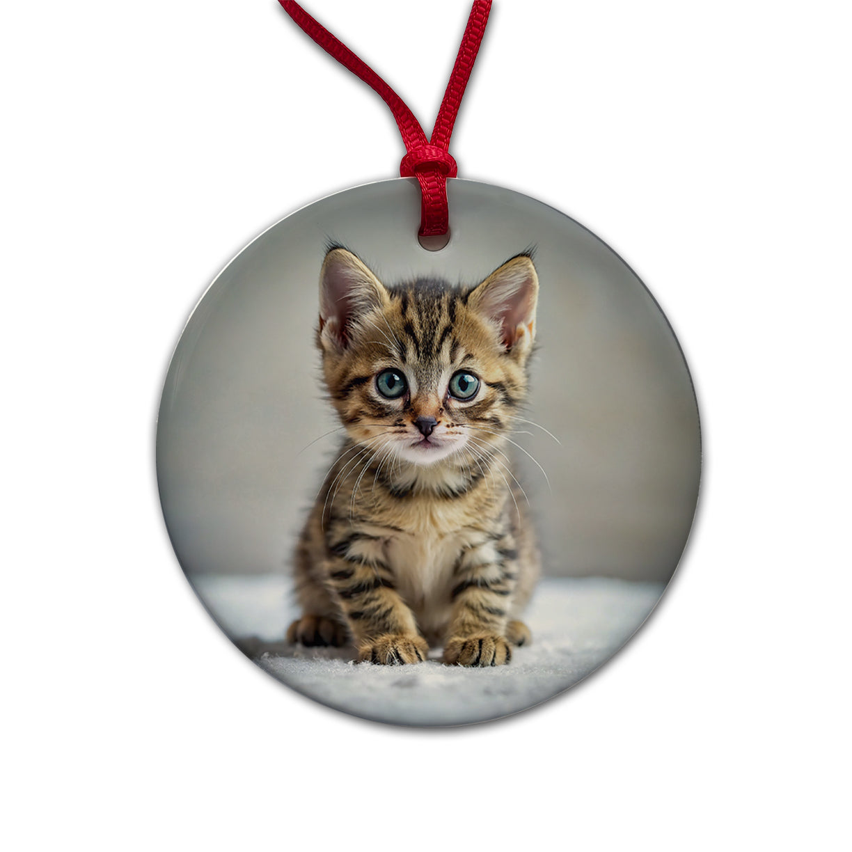 Tabby Cat Kitten Photo Round Ceramic Holiday Christmas Tree Ornament