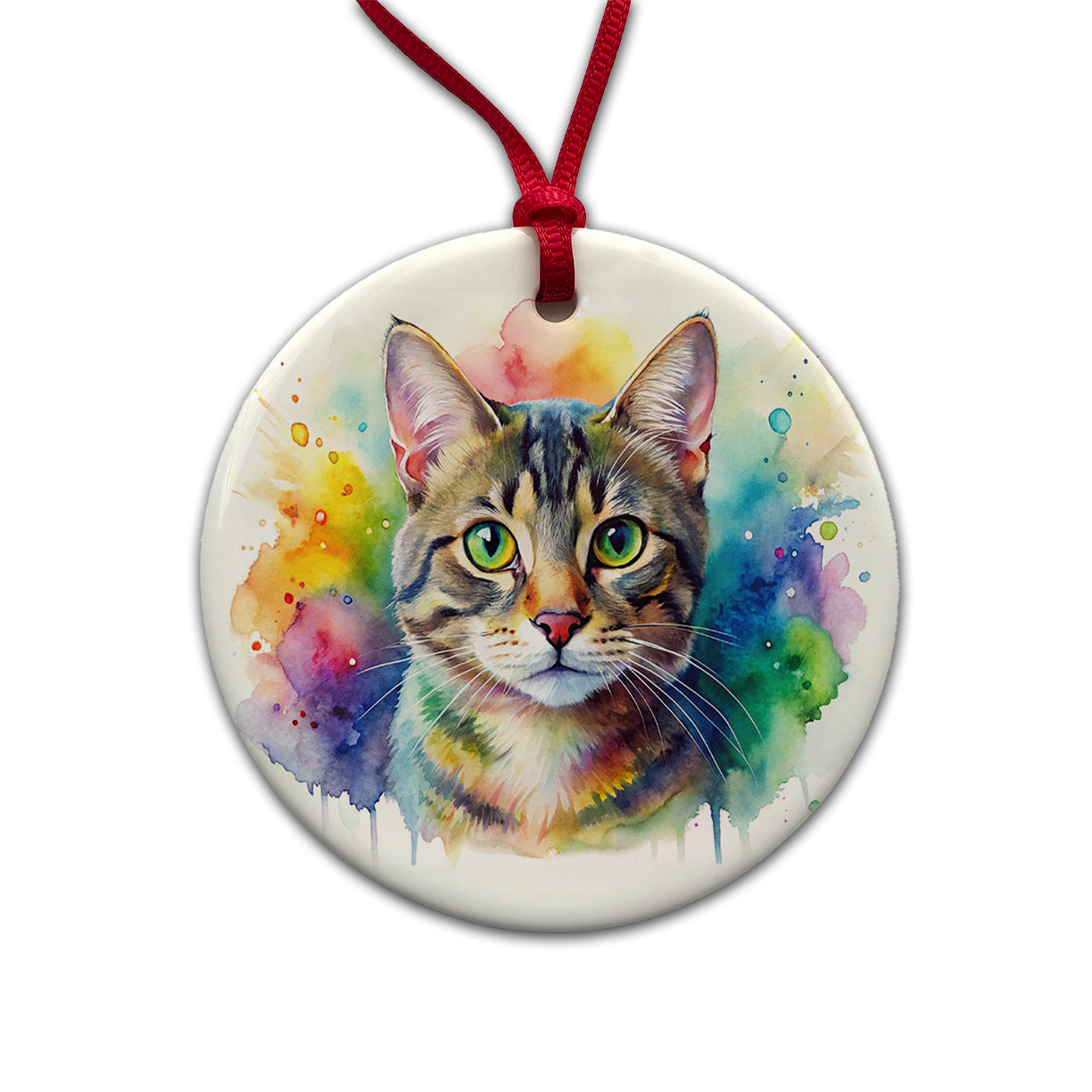 Tabby Cat Watercolor Style Round Ceramic Holiday Christmas Tree Ornament