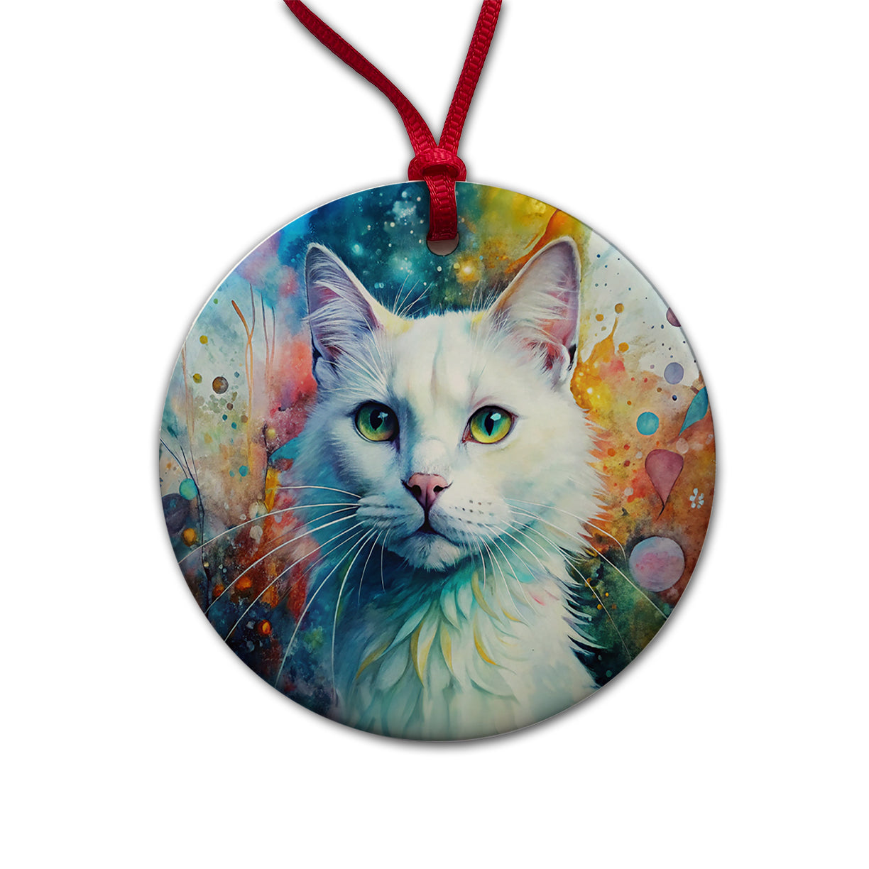 White Cat Abstract Art Round Ceramic Holiday Christmas Tree Ornament