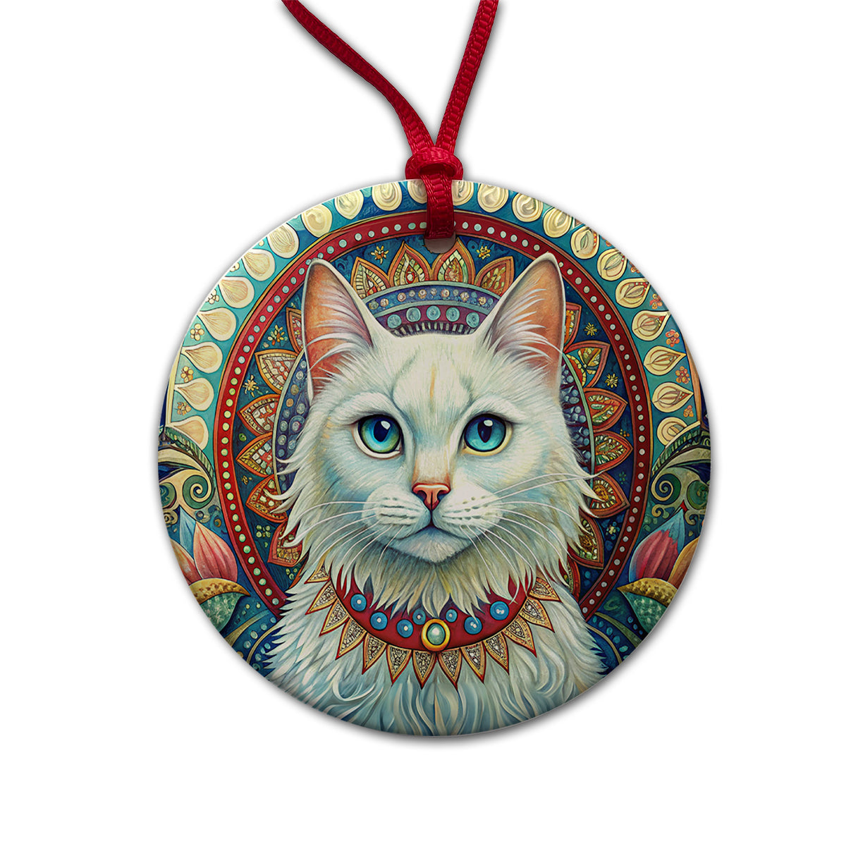 White Cat Bohemian Art Round Ceramic Holiday Christmas Tree Ornament