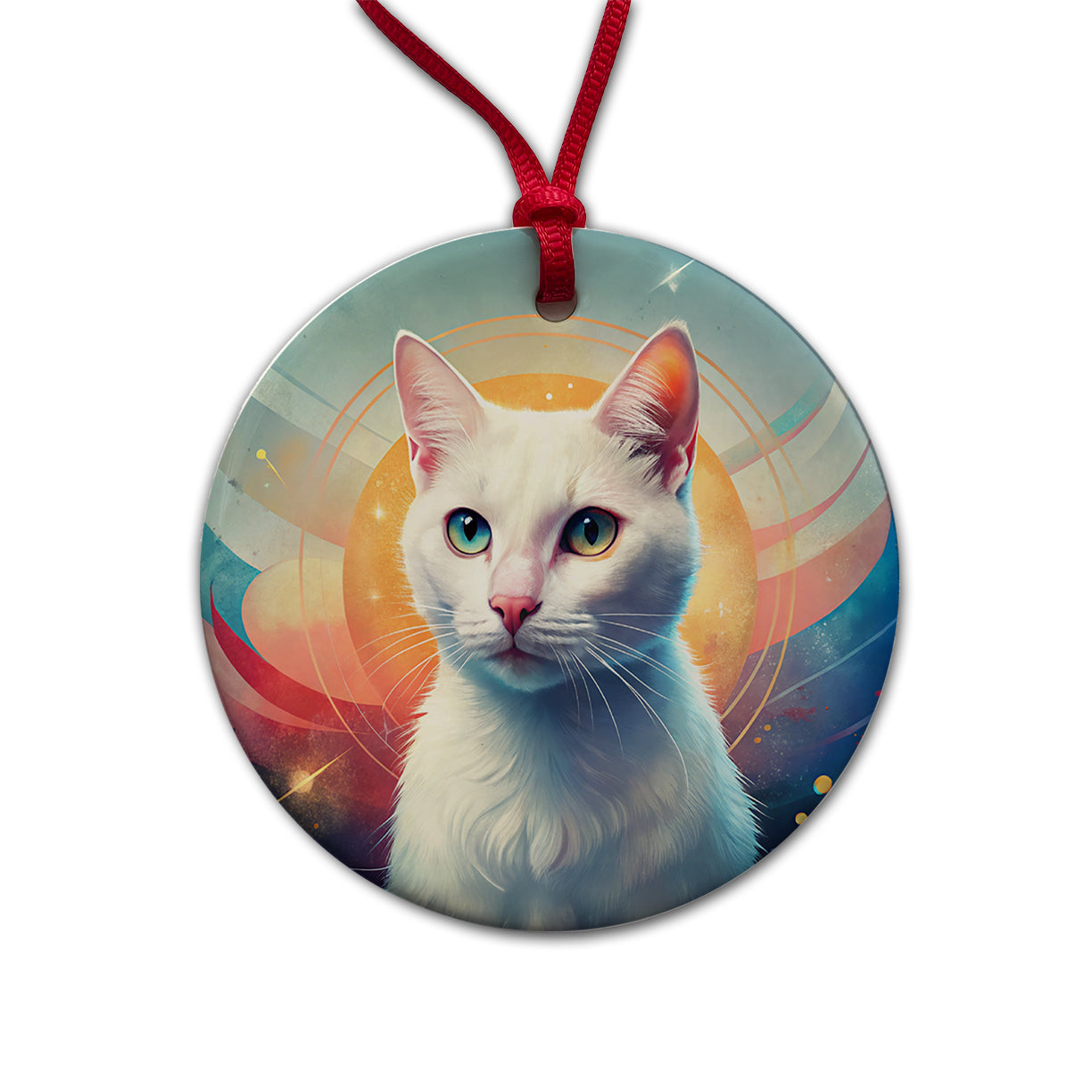 White Cat Contemporary Art Round Ceramic Holiday Christmas Tree Ornament
