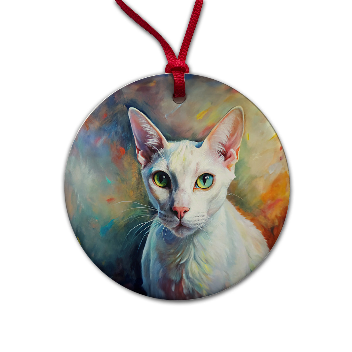 White Cat Expressionism Art Round Ceramic Holiday Christmas Tree Ornament