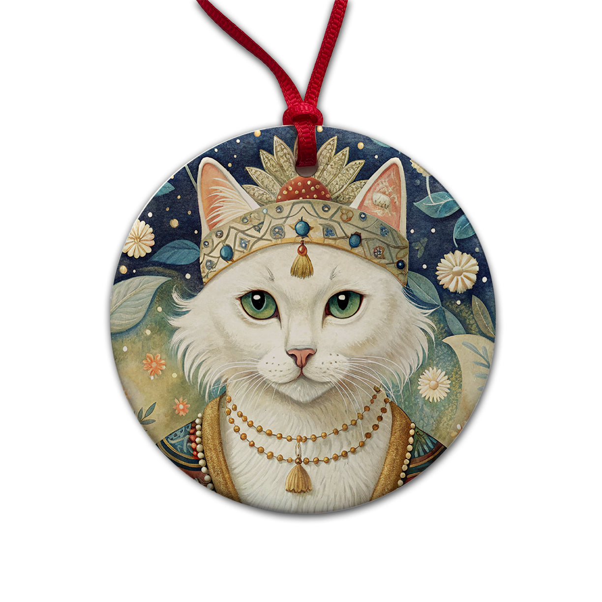 White Cat French Bohemian Art Round Ceramic Holiday Christmas Tree Ornament