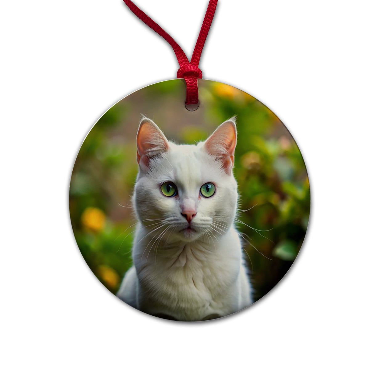 White Cat Photo Round Ceramic Holiday Christmas Tree Ornament