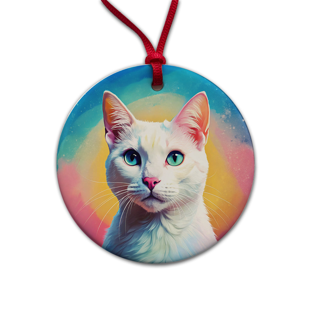 White Cat Pop Art Round Ceramic Holiday Christmas Tree Ornament