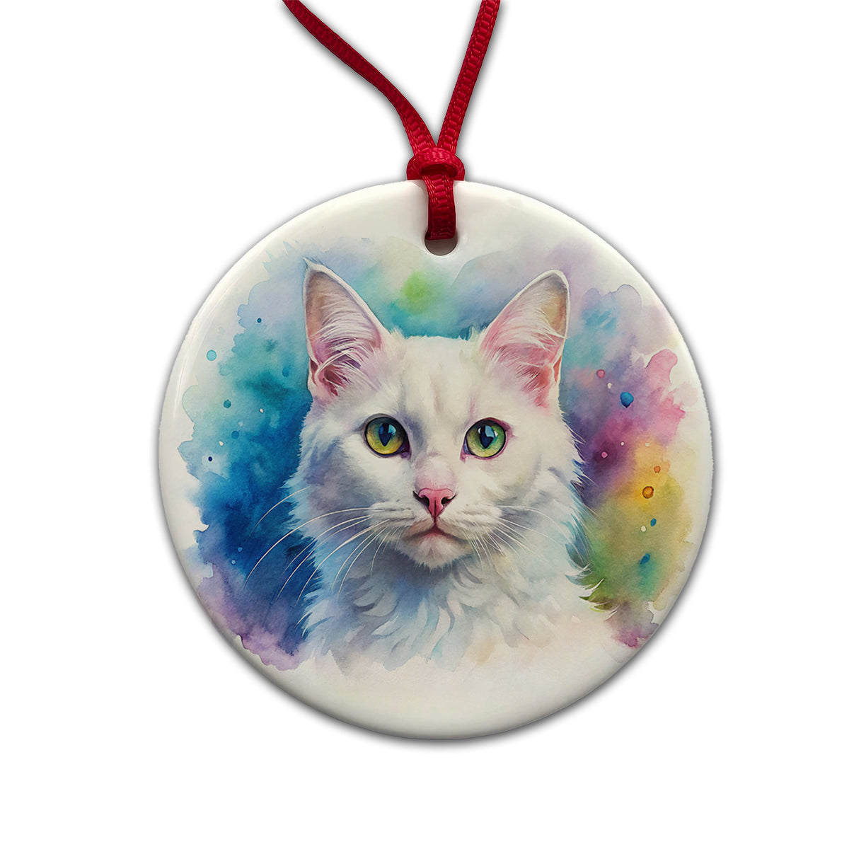 White Cat Watercolor Style Round Ceramic Holiday Christmas Tree Ornament