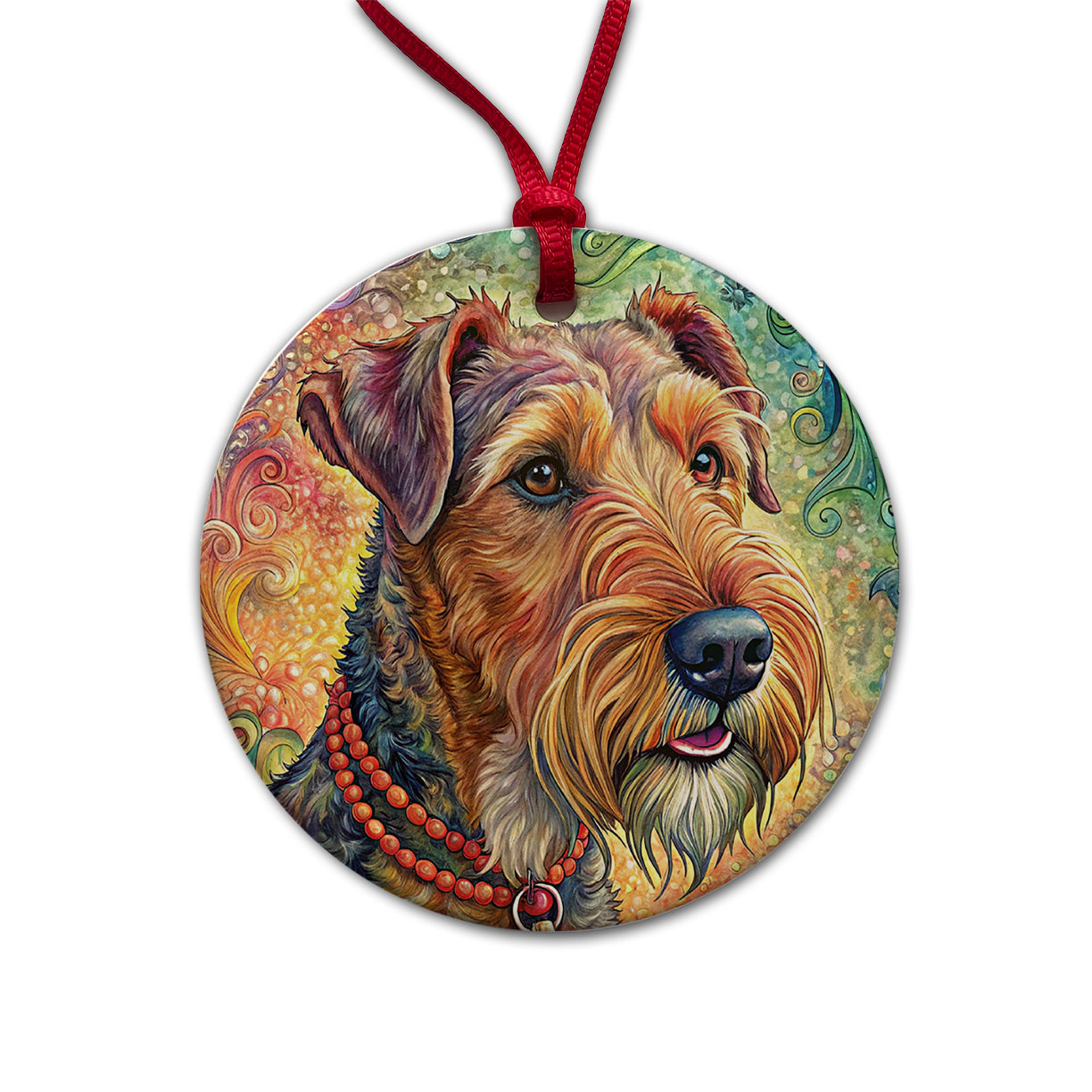 Airedale Terrier Dog French Bohemian Art Round Ceramic Holiday Christmas Tree Ornament