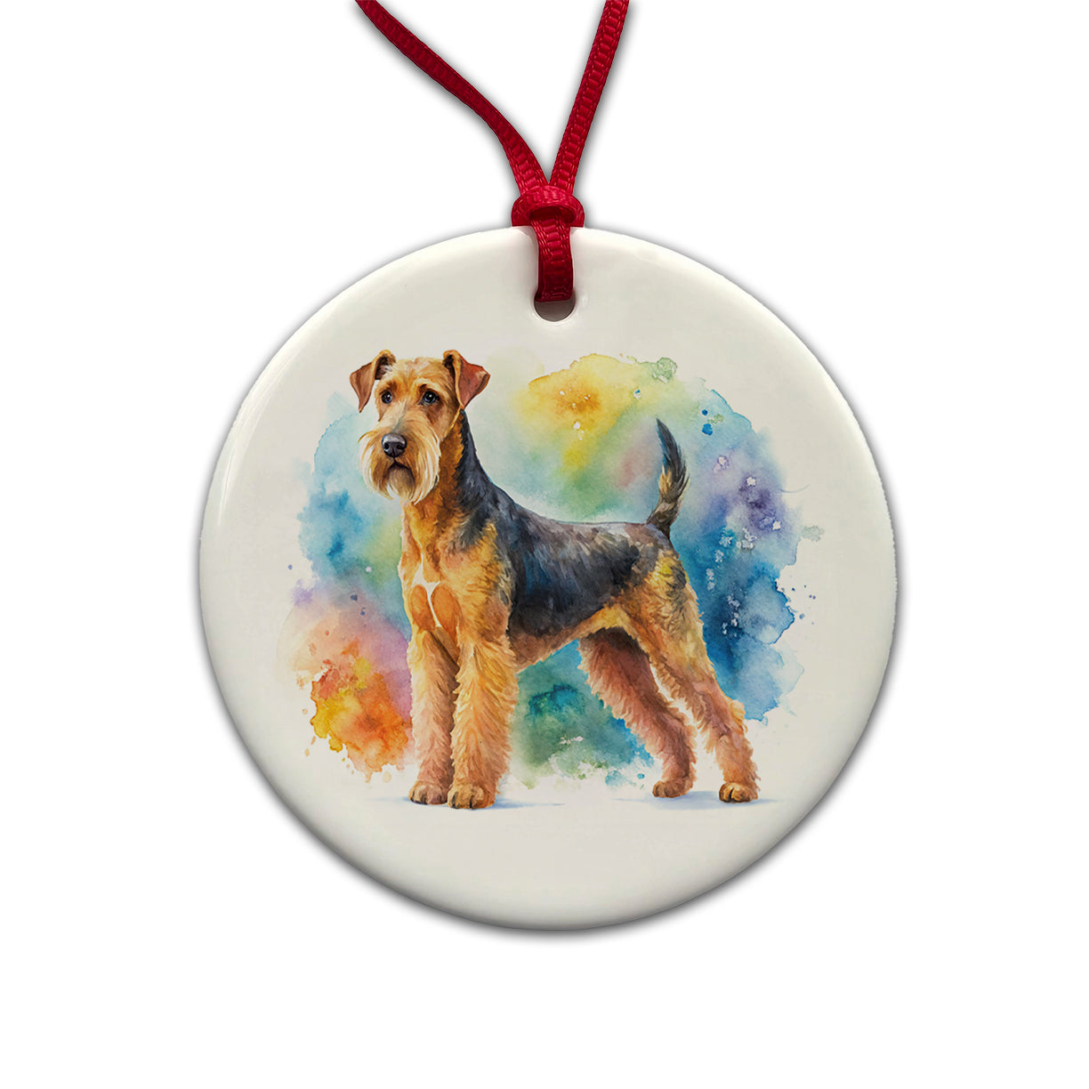Airedale Terrier Dog Watercolor Style Round Ceramic Holiday Christmas Tree Ornament