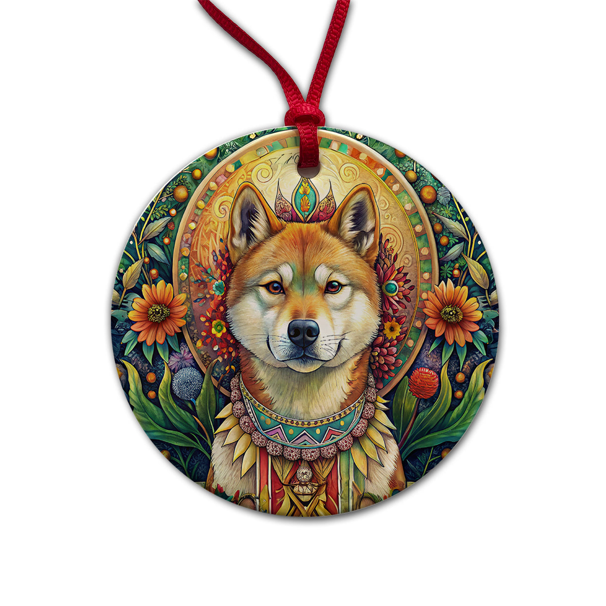 Akita Dog Bohemian Art Round Ceramic Holiday Christmas Tree Ornament
