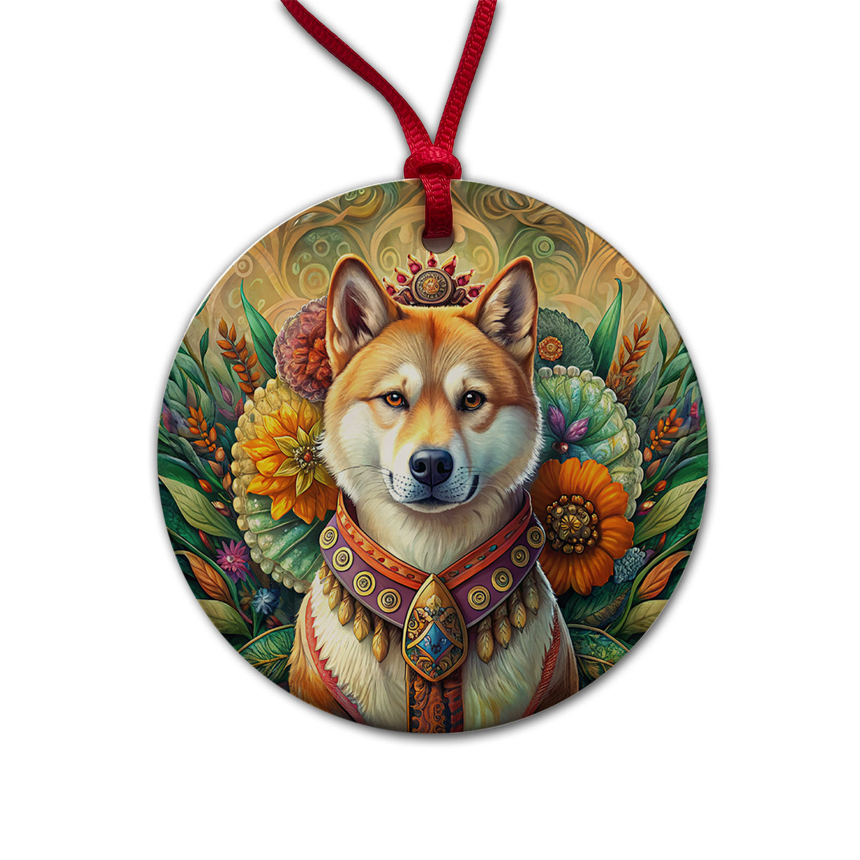 Akita Dog French Bohemian Art Round Ceramic Holiday Christmas Tree Ornament