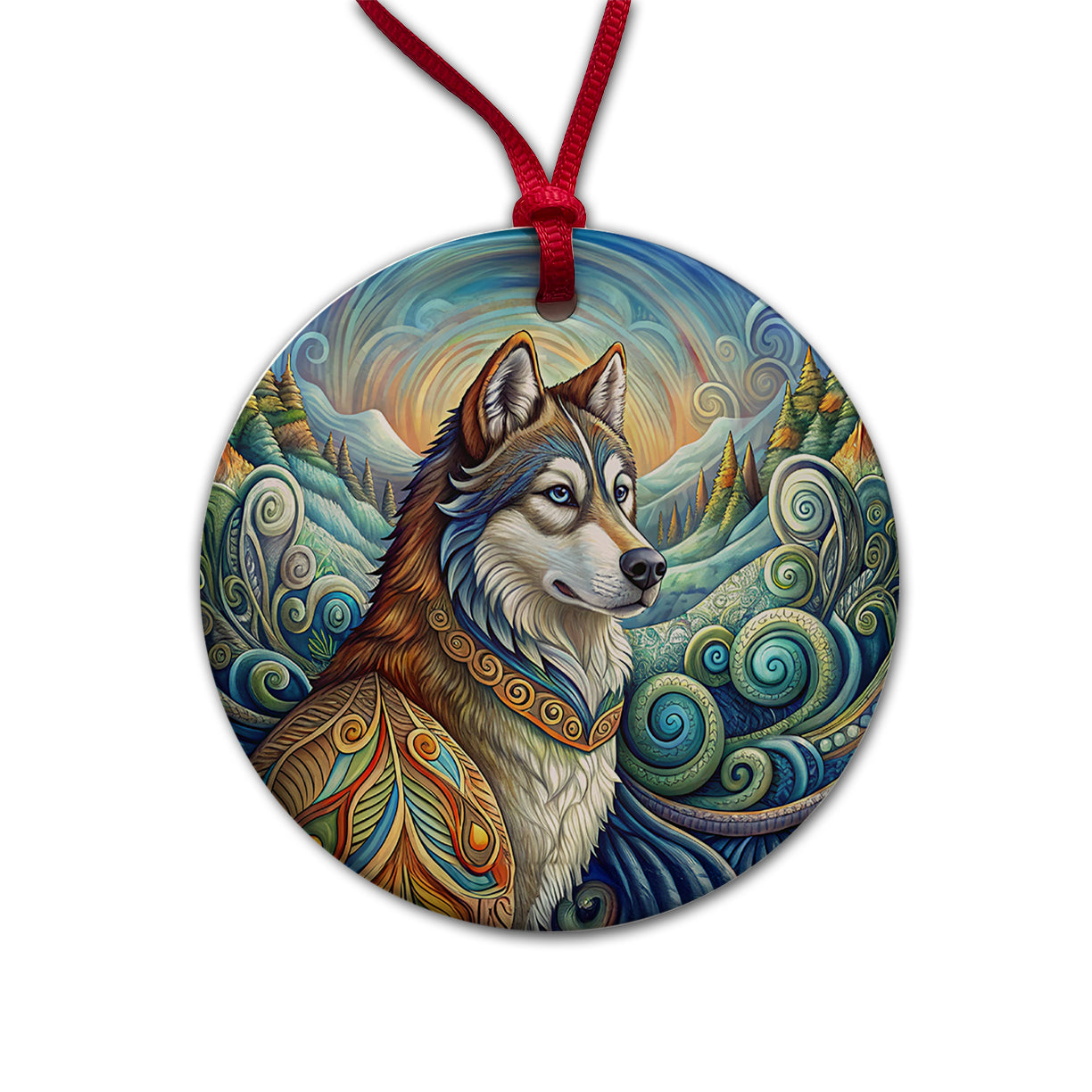 Alaskan Malamute Dog Art Nouveau Round Ceramic Holiday Christmas Tree Ornament