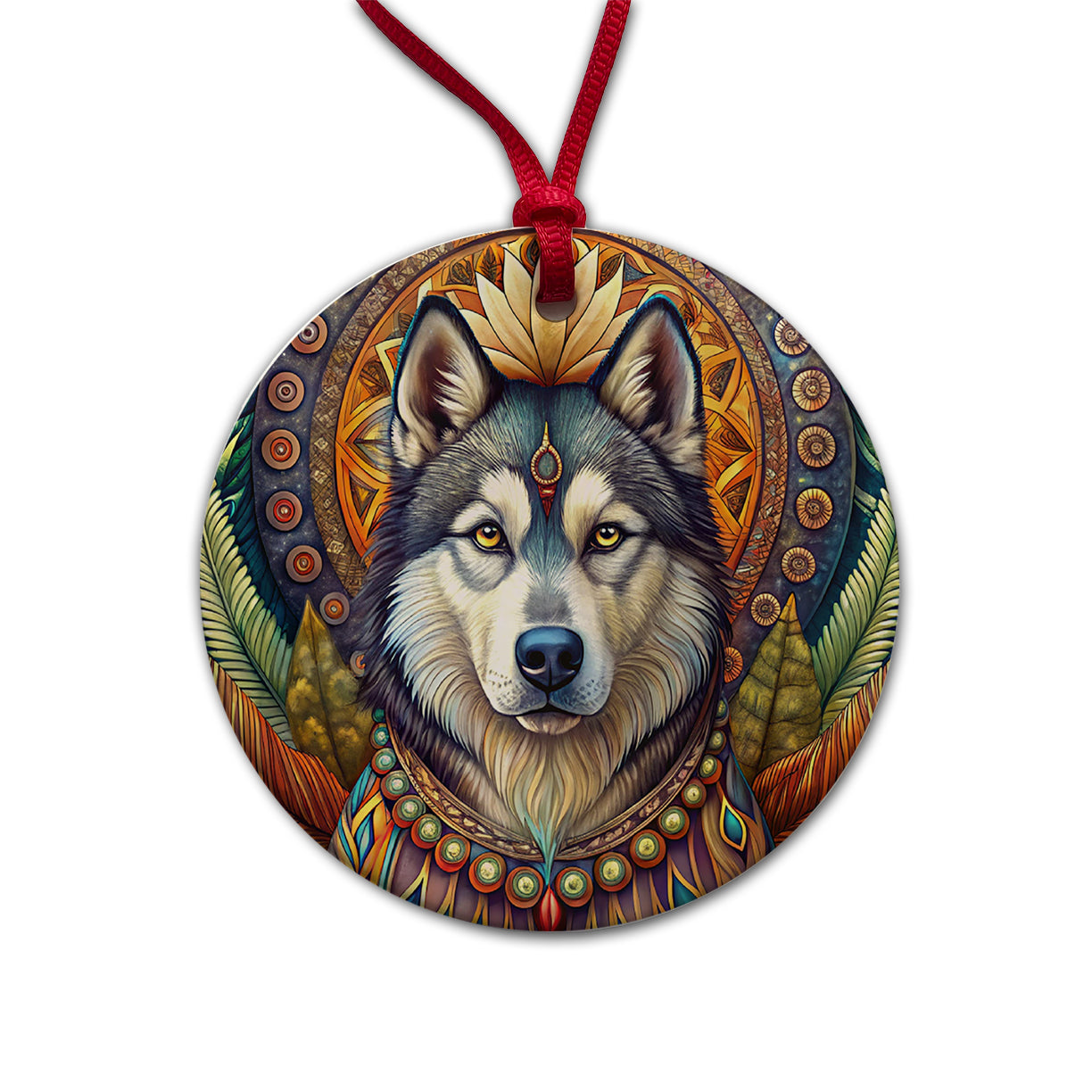 Alaskan Malamute Dog Bohemian Art Round Ceramic Holiday Christmas Tree Ornament