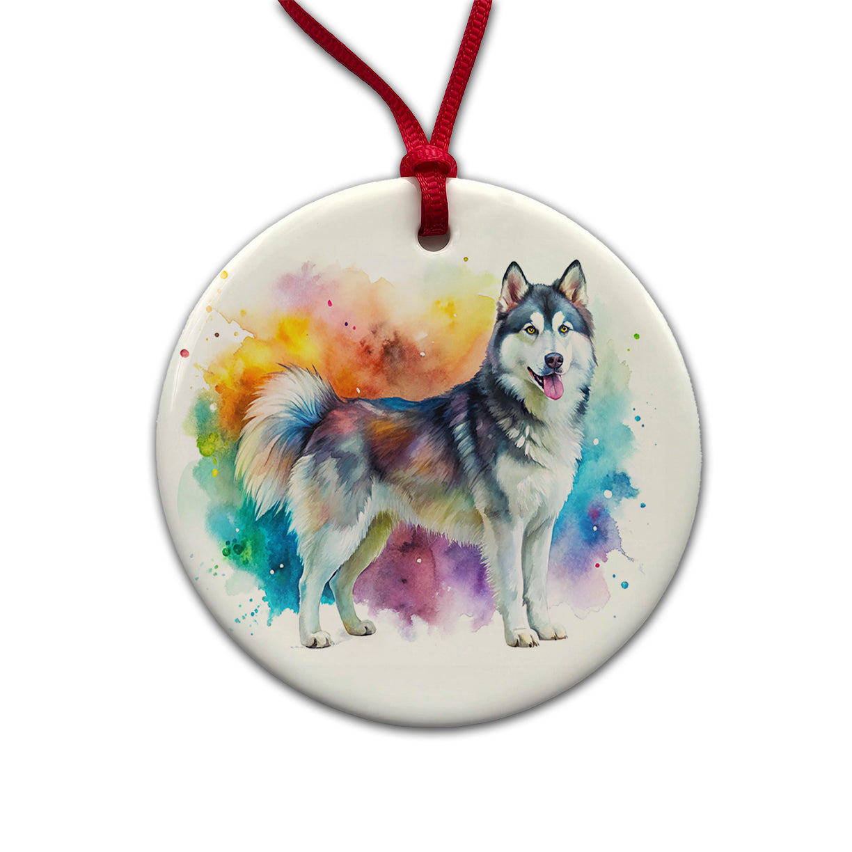 Alaskan Malamute Dog Watercolor Style Round Ceramic Holiday Christmas Tree Ornament