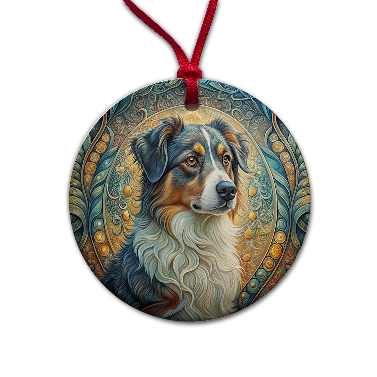 Australian Shepherd Dog Art Nouveau Round Ceramic Holiday Christmas Tree Ornament