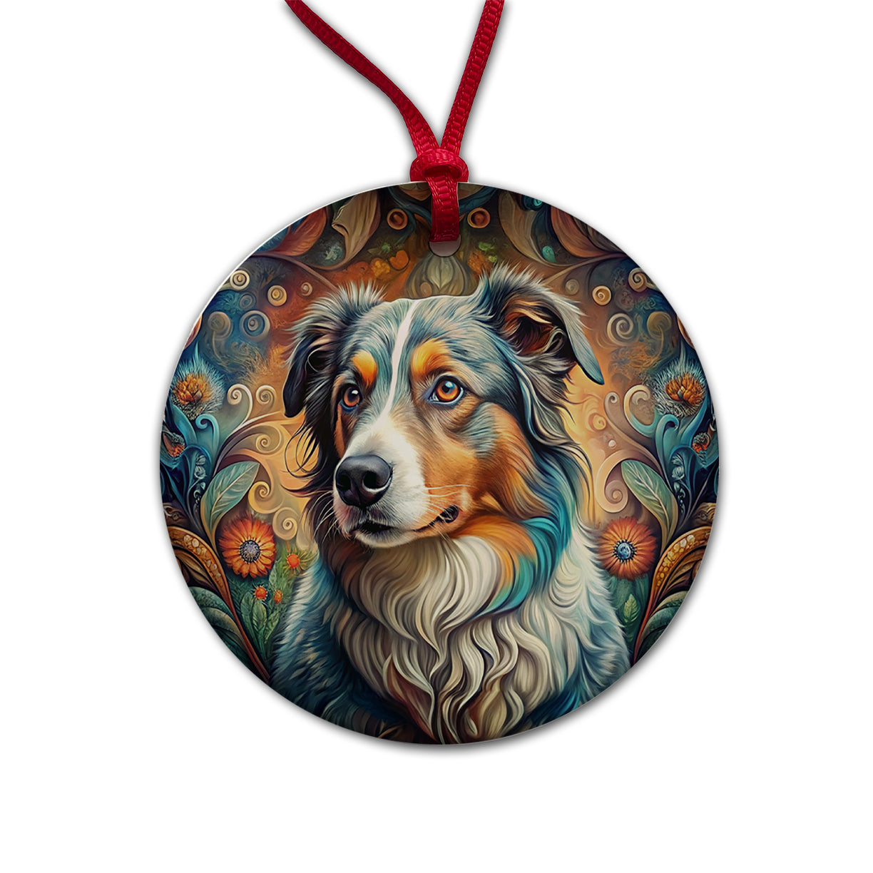 Australian Shepherd Dog Bohemian Art Round Ceramic Holiday Christmas Tree Ornament
