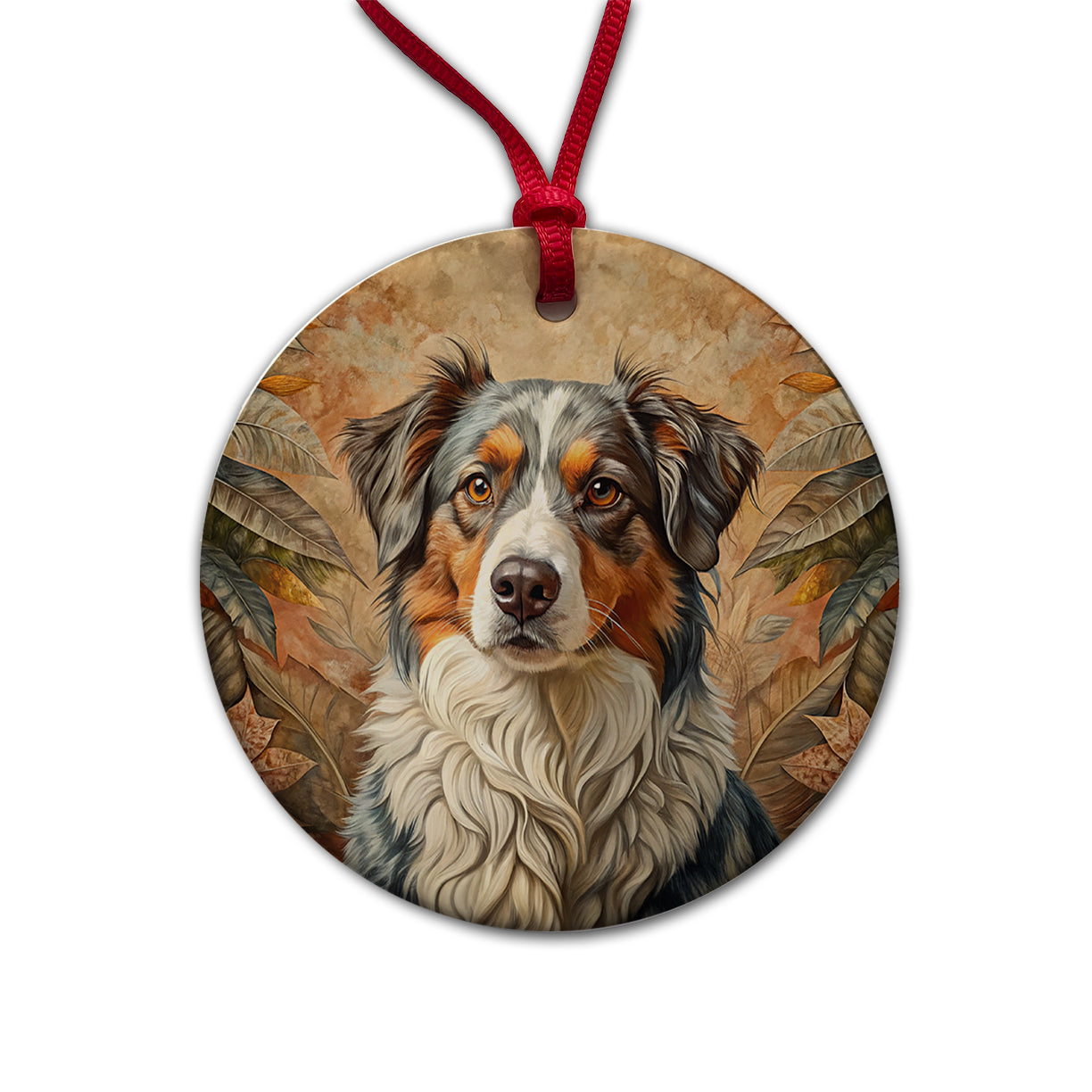 Australian Shepherd Dog French Bohemian Art Round Ceramic Holiday Christmas Tree Ornament