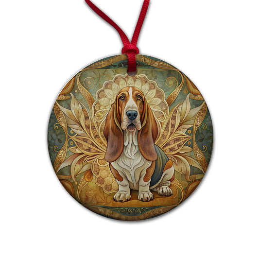 Basset Hound Dog Art Nouveau Round Ceramic Holiday Christmas Tree Ornament