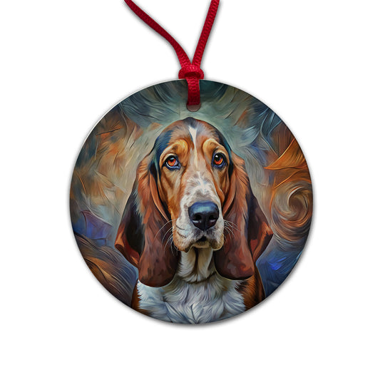 Basset Hound Dog Expressionism Art Round Ceramic Holiday Christmas Tree Ornament