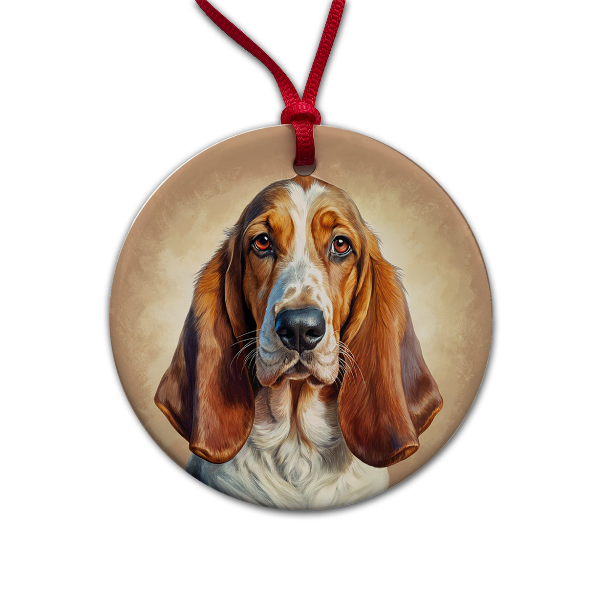 Basset Hound Dog Illustration Round Ceramic Holiday Christmas Tree Ornament